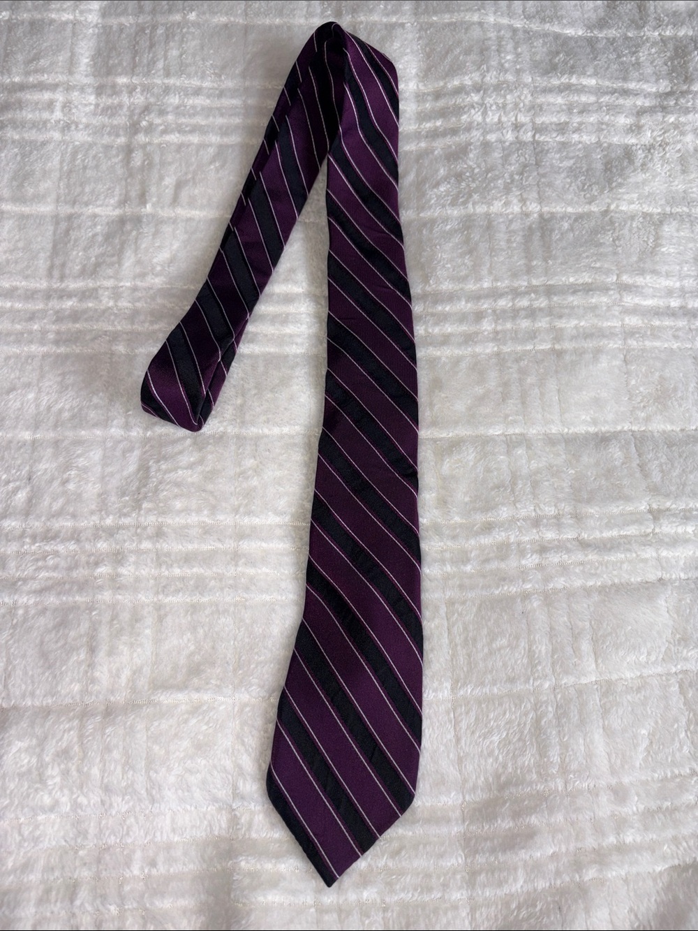 Chaps 100% Silk Purple/Black Striped Men's Necktie with White Pin Stripe Accents